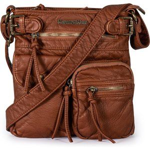 Womens Camel Leather Multi Pocket Shoulder Purses
